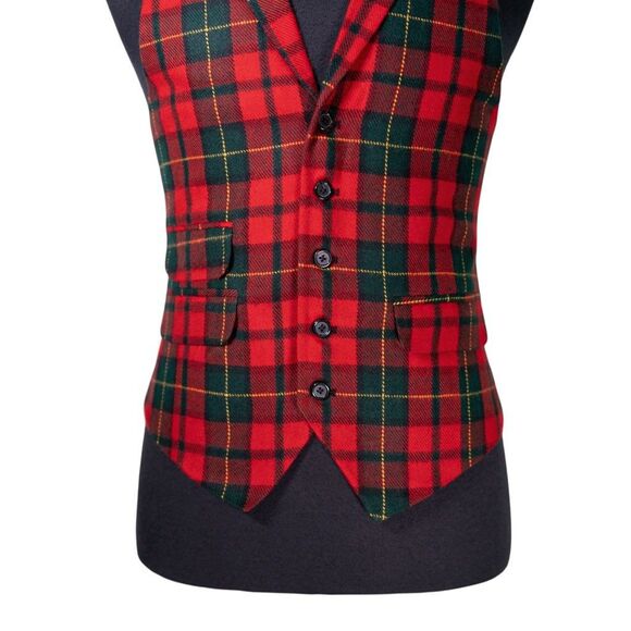 Mens Vest 40R Tartan Plaid Red Green Wool Waistcoat Formal Wedding Christmas - Picture 4 of 9